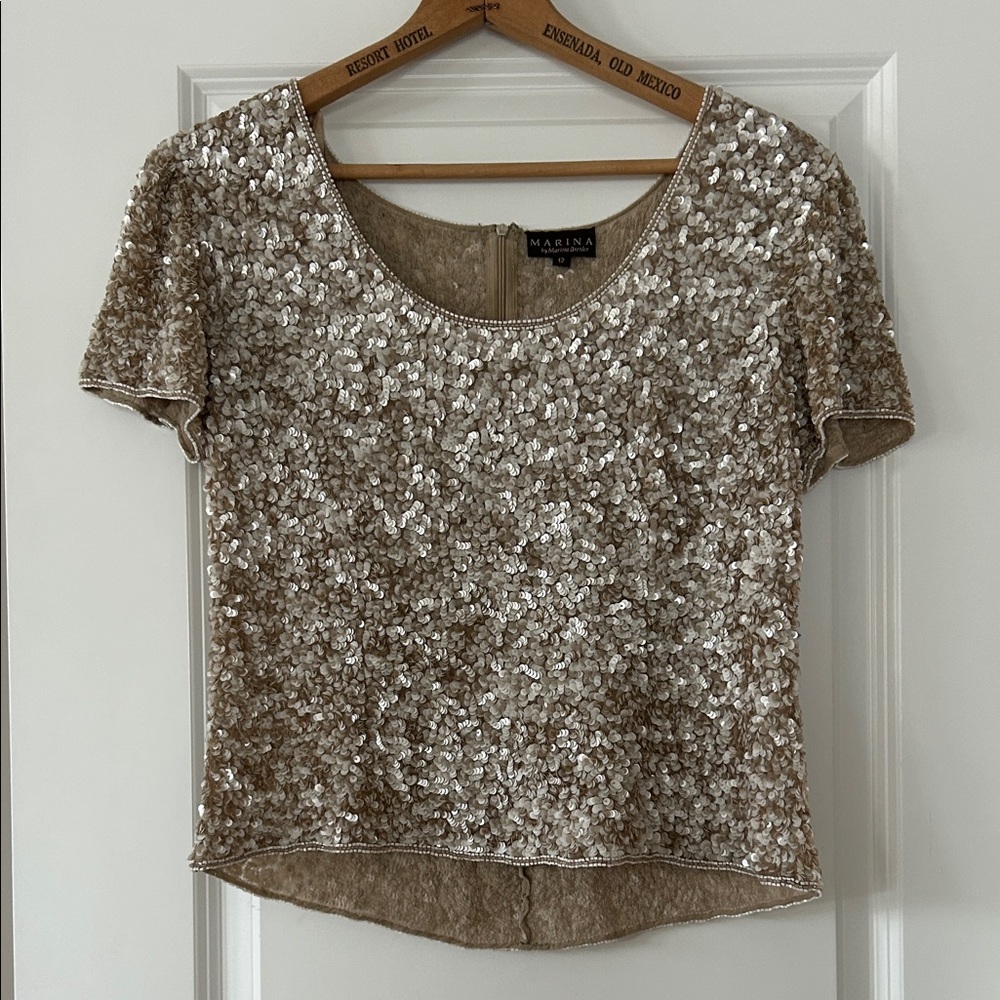 Marina Sequined & Beaded Neutral Silk Top w MEASUREMENTS Fits like Medium